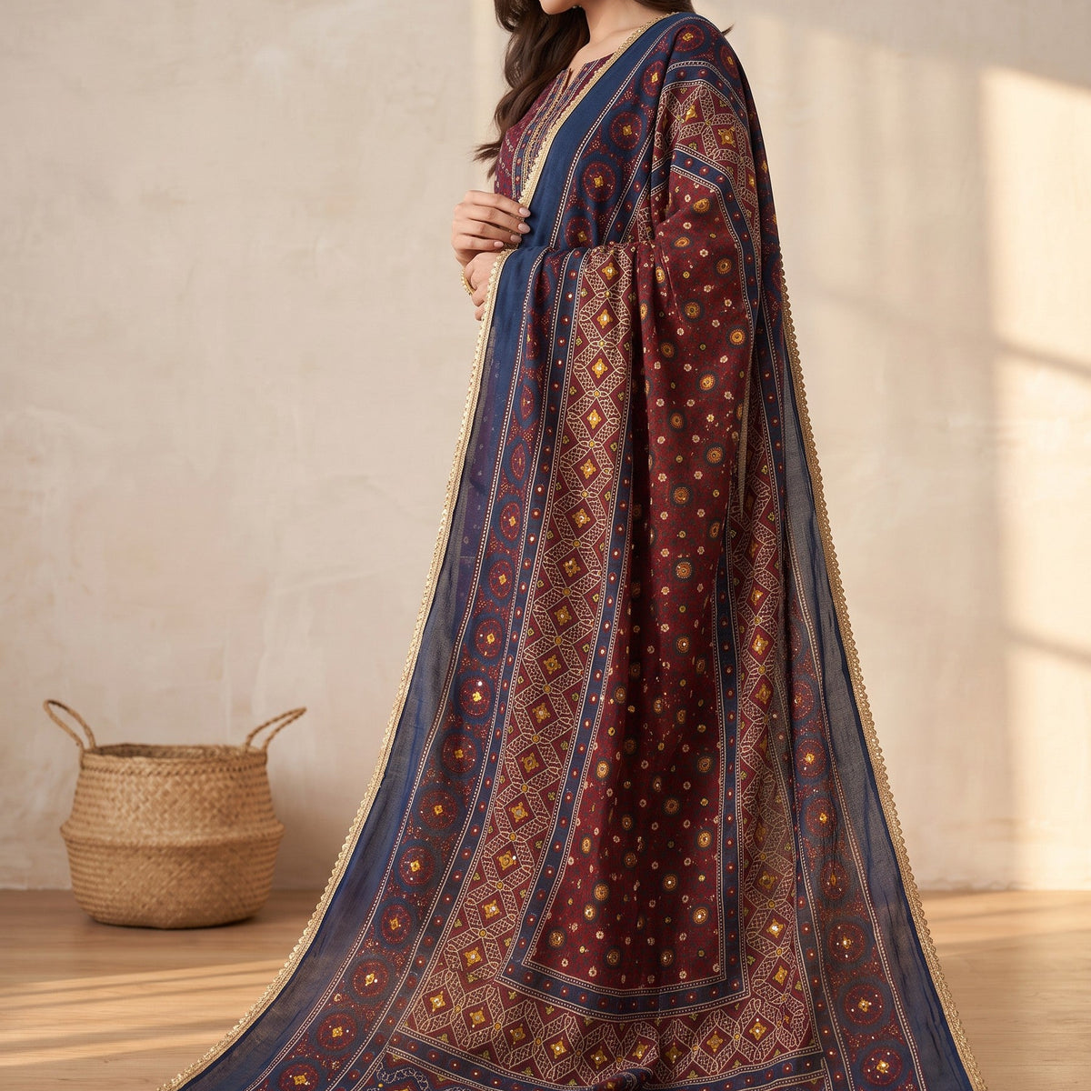 Mehran | Embellished Ajrak Dress Her Studio