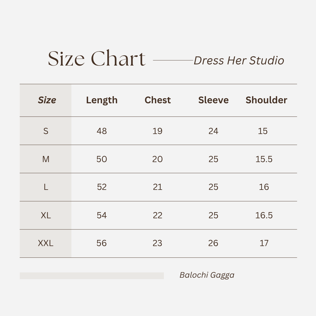 Balochi gagga 2-piece size chart, Dress Her Studio