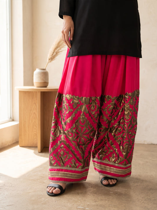 Pink Appliqué Shalwar — Gold Hand-Appliqued Dress Her Studio