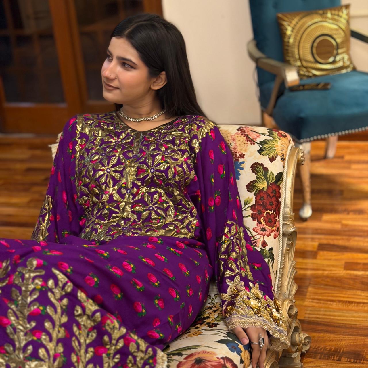 Appliqué kaftan on Marina lawn, hand-embroidered Balochi motif, Dress Her Studio