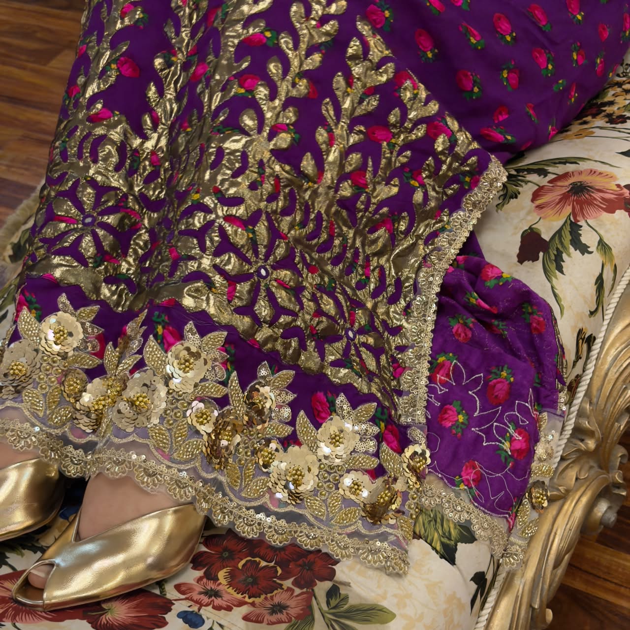 Close-up of hand-appliquéd embroidery on kaftan sleeve, Dress Her Studio