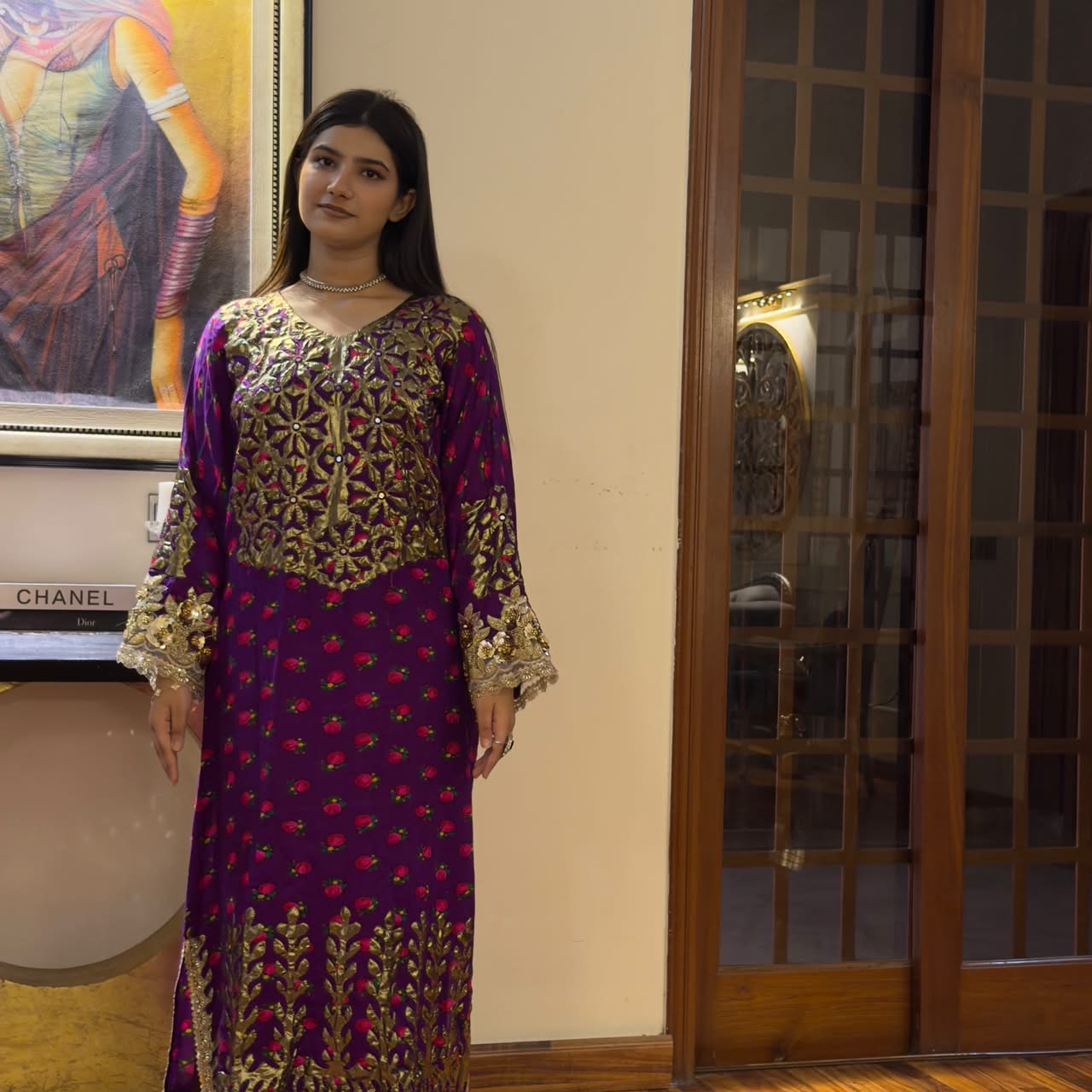Appliqué kaftan side view showing embroidery placement, Dress Her Studio