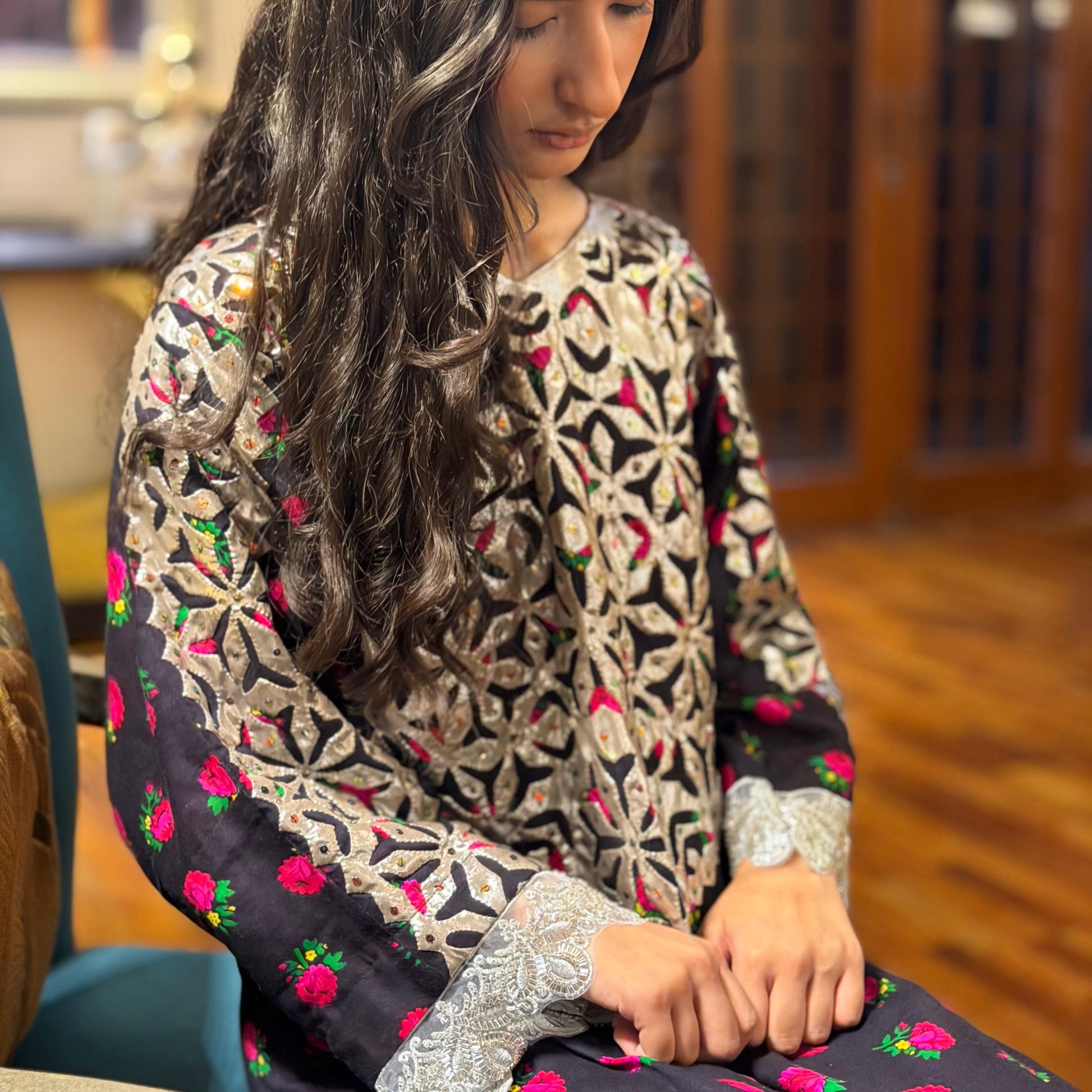 Appliqué kaftan back view, Marina lawn fabric detail, Dress Her Studio