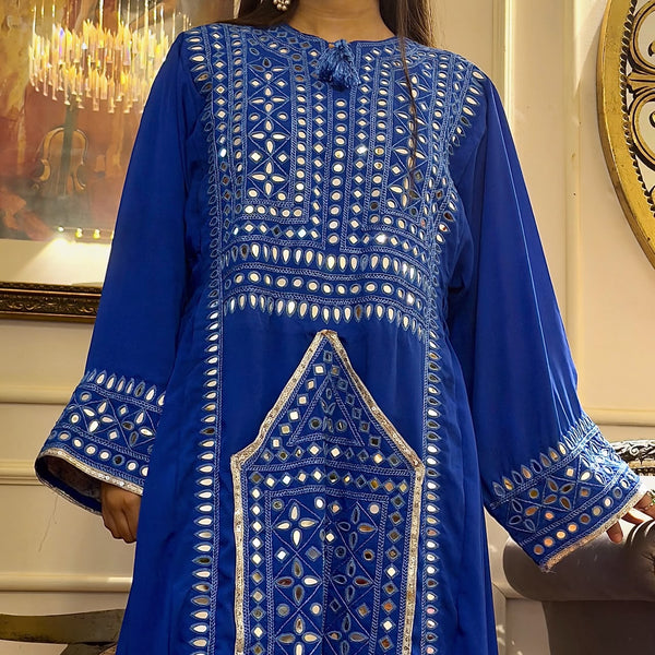Noor blue Balochi gagga 2-piece with shisha mirror work, front view, Dress Her Studio
